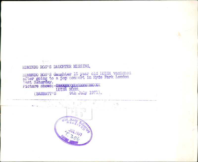 Murdered And Missing Person 1971:Luisa Venished. - Vintage Photograph