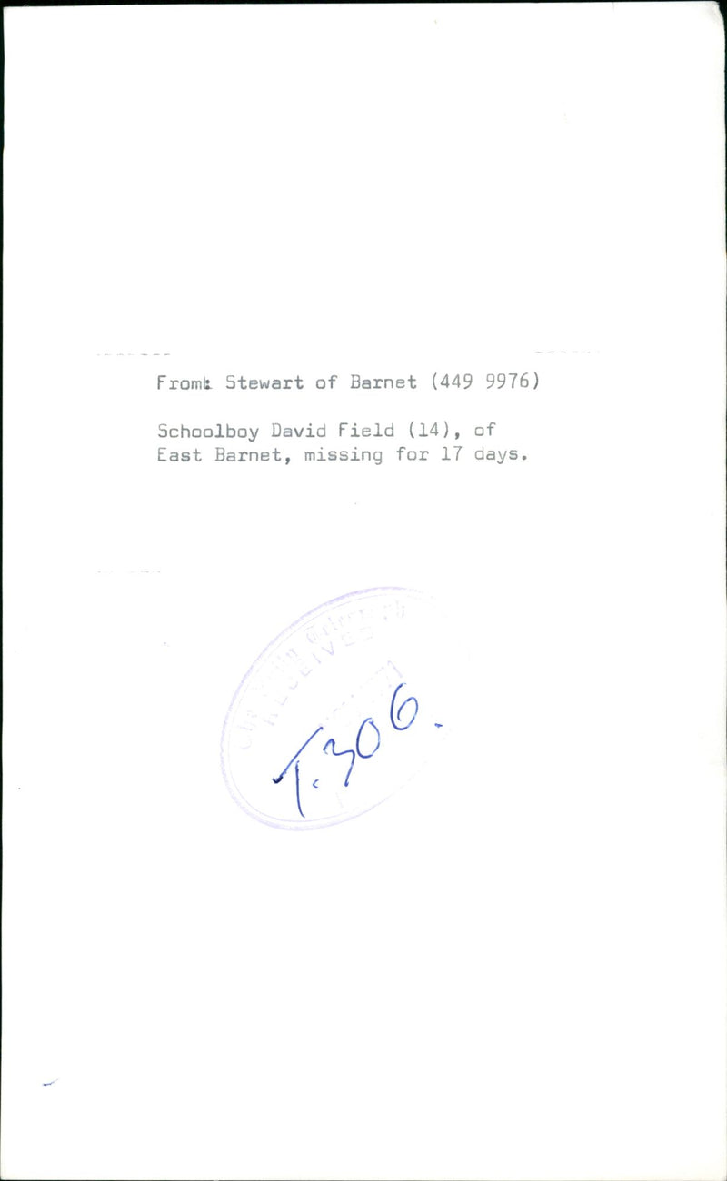 Murdered And Missing Person 1971:David Field. - Vintage Photograph