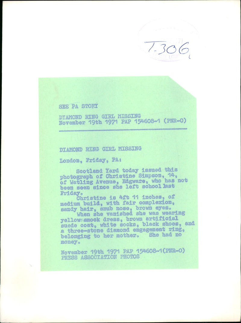 Murdered And Missing Person 1971:Scotland Yard. - Vintage Photograph