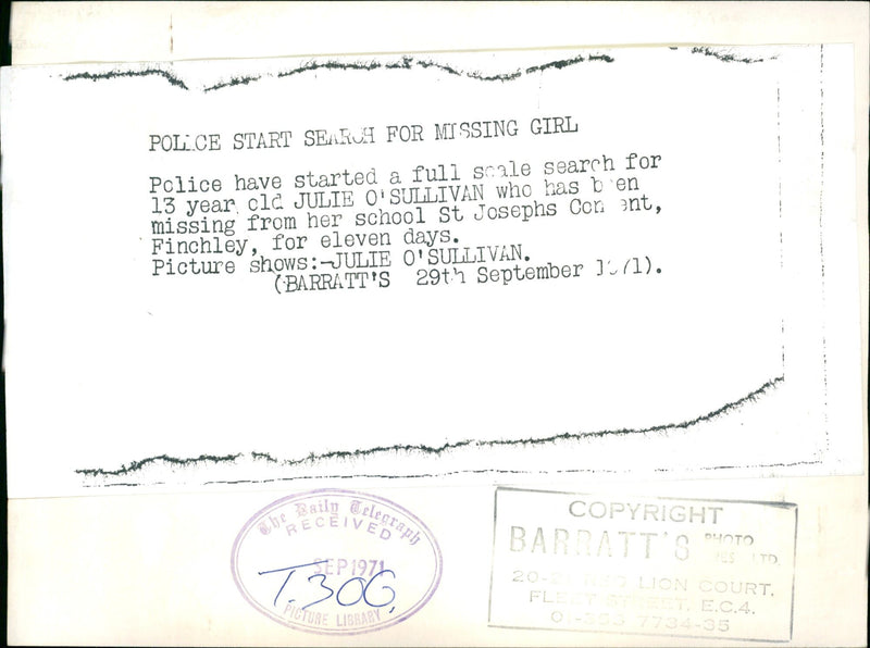 Murdered And Missing Person 1971:Julie O Sullivan. - Vintage Photograph