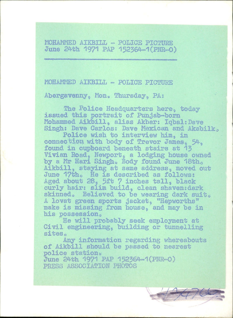 Murdered And Missing Person 1971:Mohammed Aikbill. - Vintage Photograph