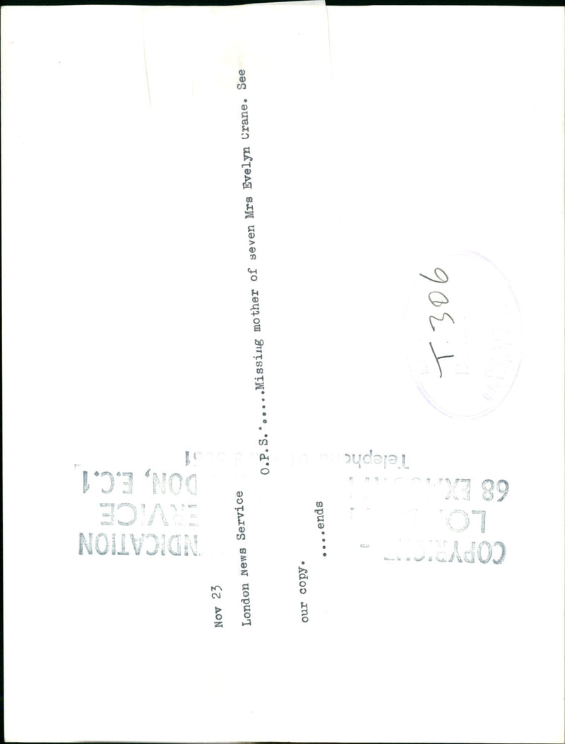 Murdered And Missing Person 1971:Mrs Evelyn Crane. - Vintage Photograph