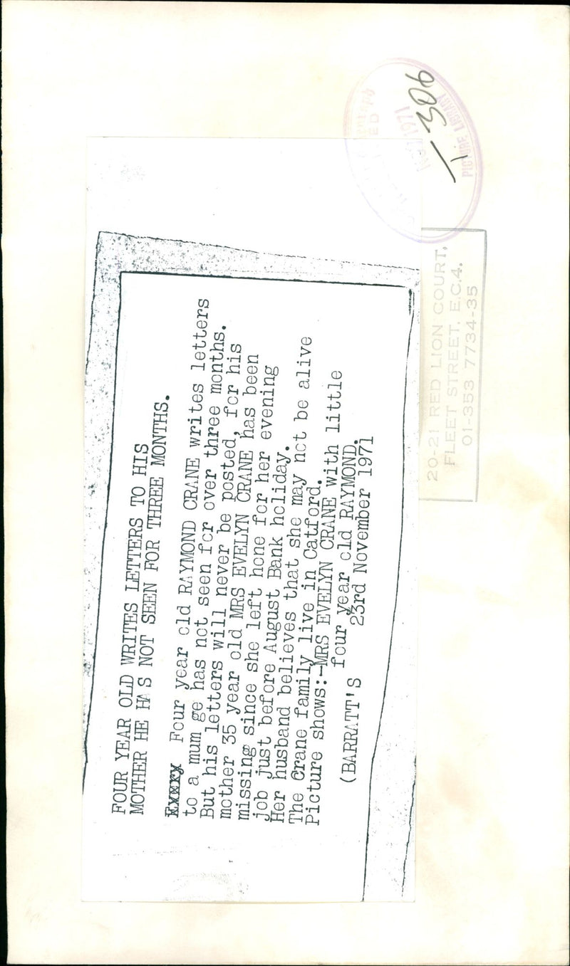 Murdered And Missing Person 1971:Raymond Crane and Mrs Evelyn Crane. - Vintage Photograph