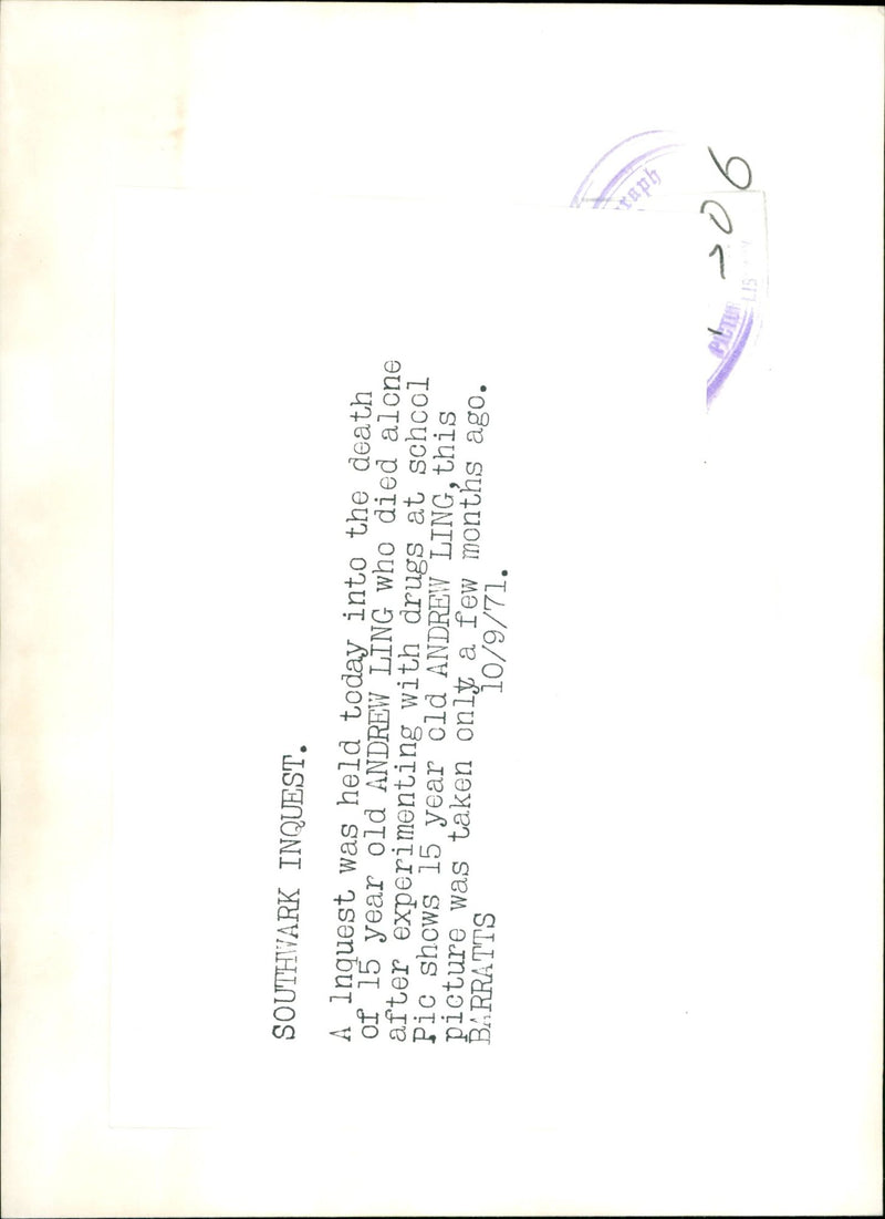 Murdered And Missing Person 1971:Andrew Ling. - Vintage Photograph