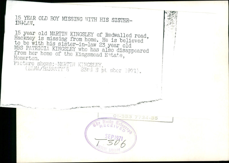 Murdered And Missing Person 1971:Martin Kingsley. - Vintage Photograph