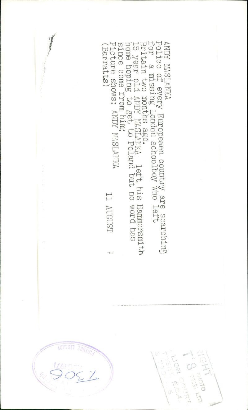 Murdered And Missing Person 1971:Andy Maslanka. - Vintage Photograph