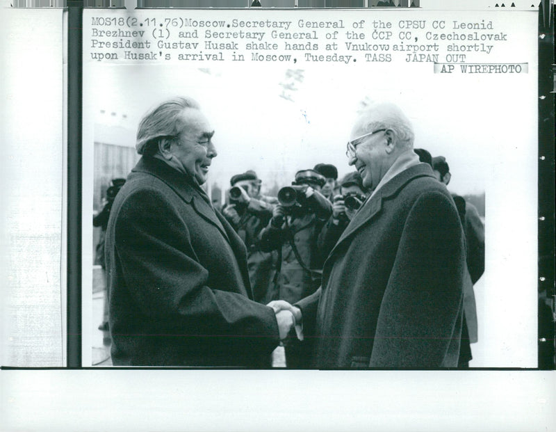 Czechoslovak politician GustÃ¡v HusÃ¡k and f.d. Soviet Union Communist Party Secretary Leonid Brezhnev in Moscow. - Vintage Photograph