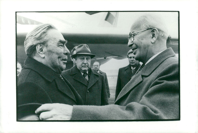 Czechoslovak politician GustÃ¡v HusÃ¡k welcomes President Leonid Brezhnev. - Vintage Photograph