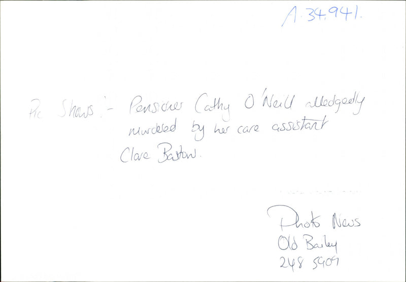 Cathy O'Neill Allegedly Murdered by Her Care Assistant Clare Bastow - Vintage Photograph