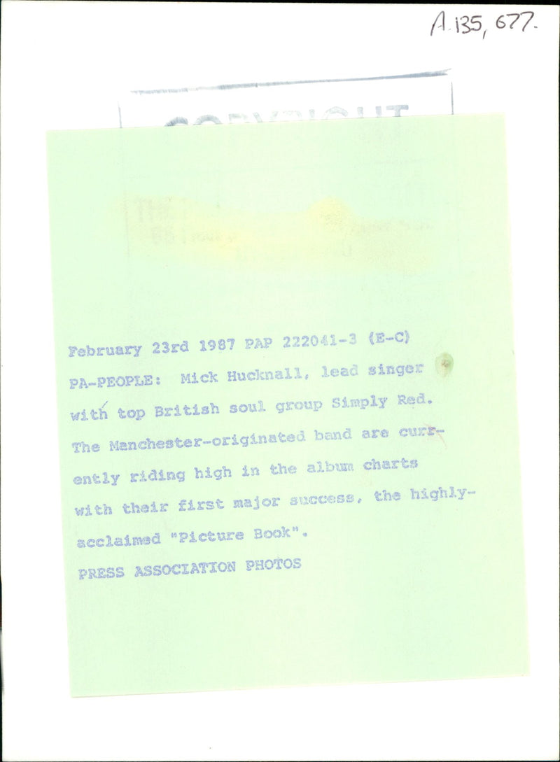 Simply Red:Mick Hucknall. - Vintage Photograph