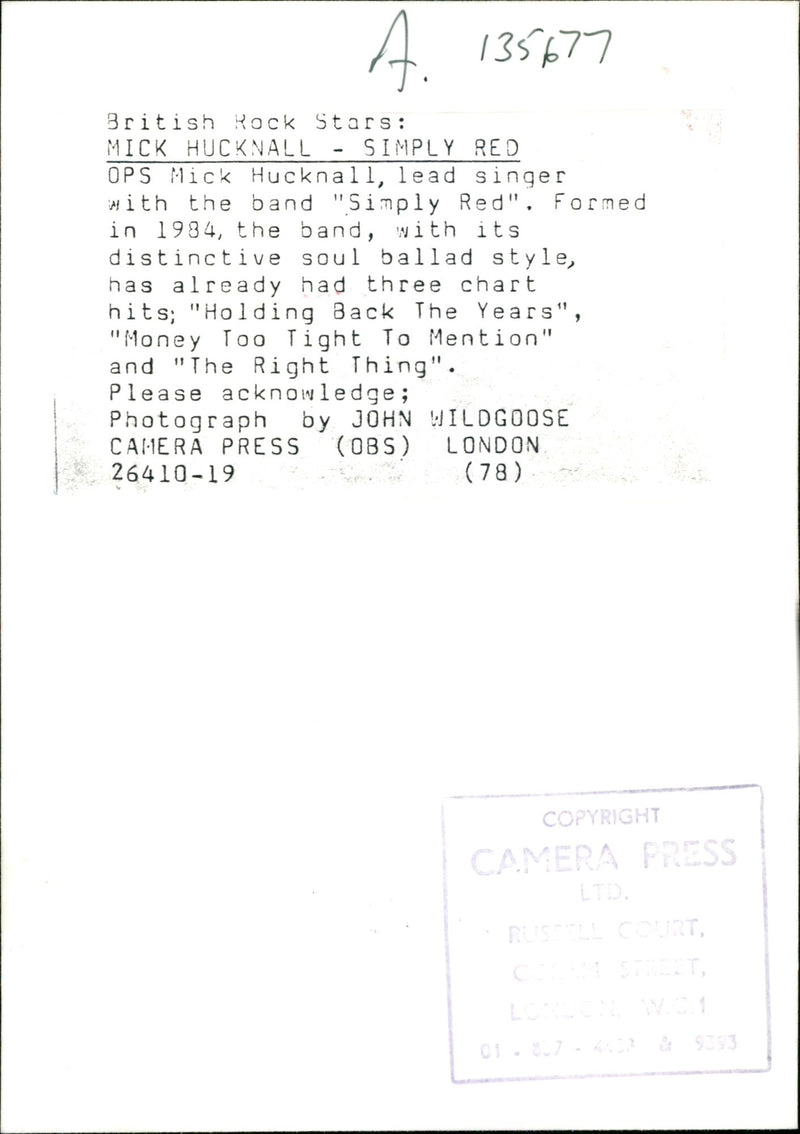 Simply Red:Mick Hucknall. - Vintage Photograph