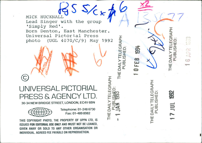 Simply Red:Mick Hucknall. - Vintage Photograph