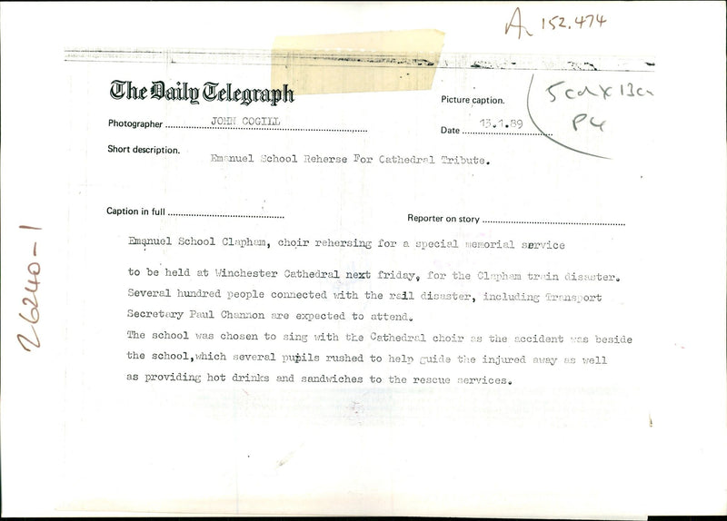 Railway Crash,Clapham Junction Dec.1988:Emanuel school clapham choir. - Vintage Photograph