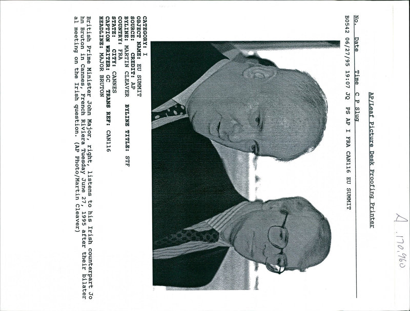 1995 JOHN BRUTON BRITISH MINISTER TONY PRIME MARTIN TITLE WRITER FRENCH - Vintage Photograph