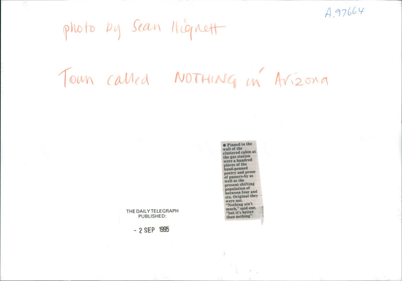 1995 TOWN CALLED NOTHING ARIZONA POPULATION BETWEEN WEBB PUBLISHED WELL - Vintage Photograph