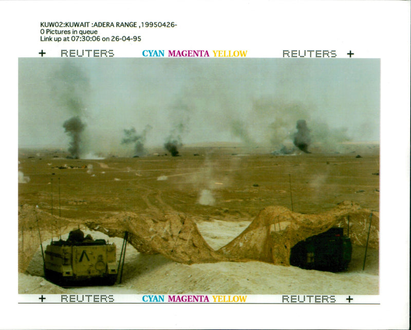US Maneuvers in Kuwait: Kuwaiti and American armoured personnel carries fire. - Vintage Photograph