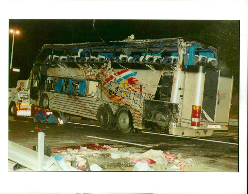 The Beaune coach crash:road employees work on the damaged - Vintage Photograph