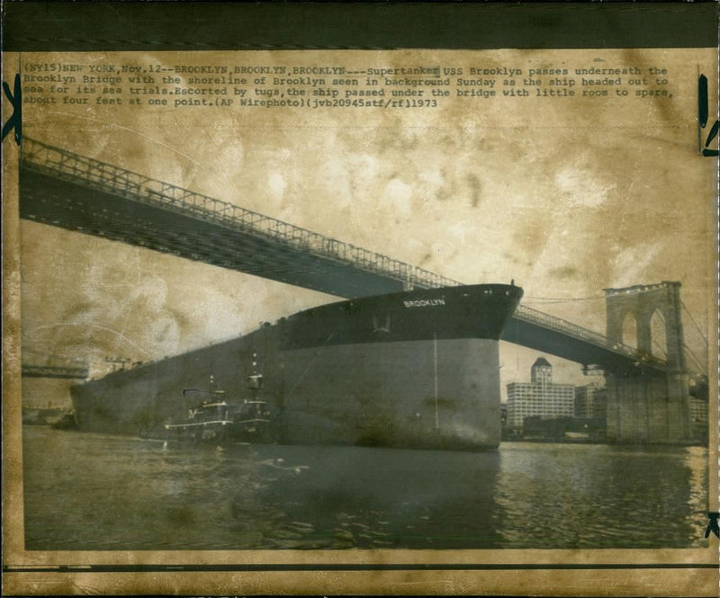 Supertanker USS Brooklyn Passes Under the Brooklyn Bridge - Vintage Photograph