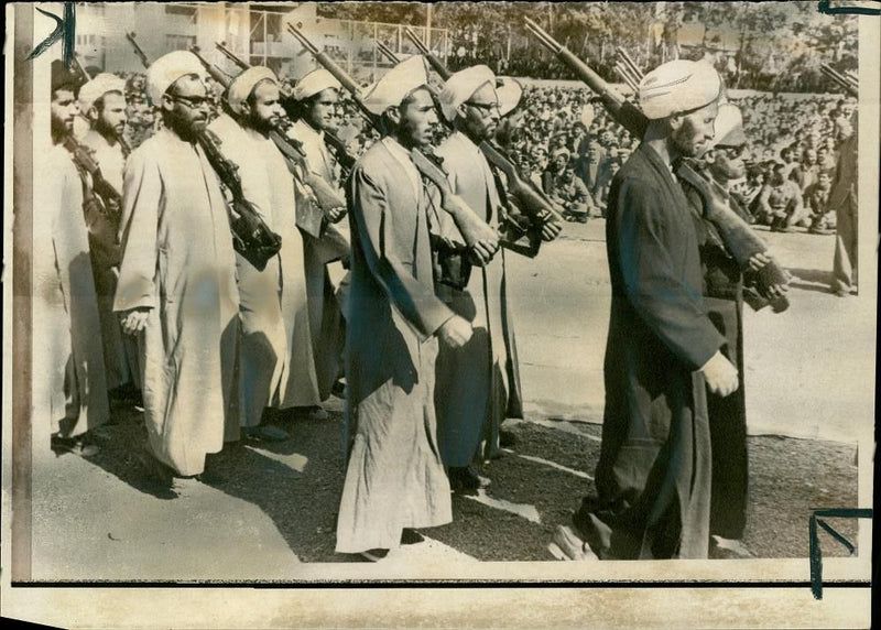 Well armed mullahs on parade at teheran university. - Vintage Photograph