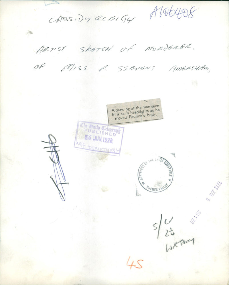 Artist sketch of murderer of Miss P Stevens. - Vintage Photograph