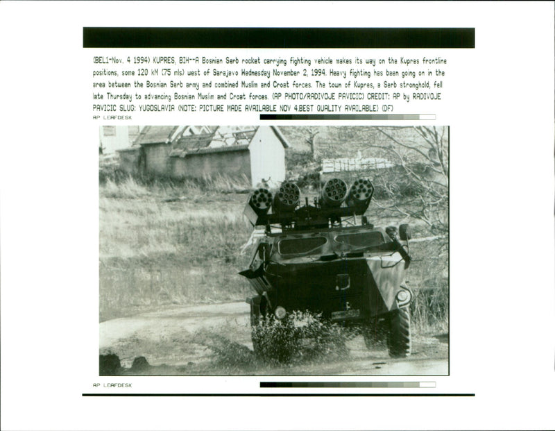 Bosnian Serb rocket carrying fighting vehicle. - Vintage Photograph