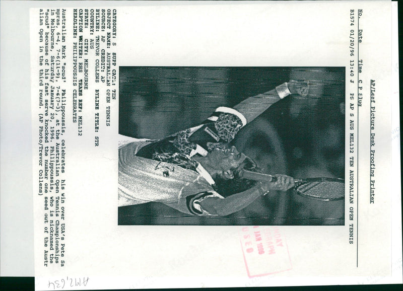 1996 MARK SCUD PHILIPPOUSSIS KNOCKED THE NUMBER ONE SEED OUT TITLE WRITER COUNTRY - Vintage Photograph