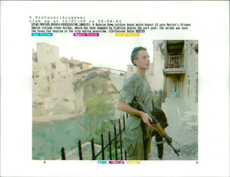 A Bosnian Army soldier keeps watch. - Vintage Photograph