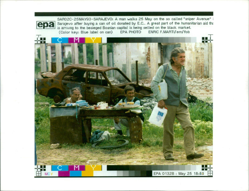 A man walks in the sniper avenue. - Vintage Photograph