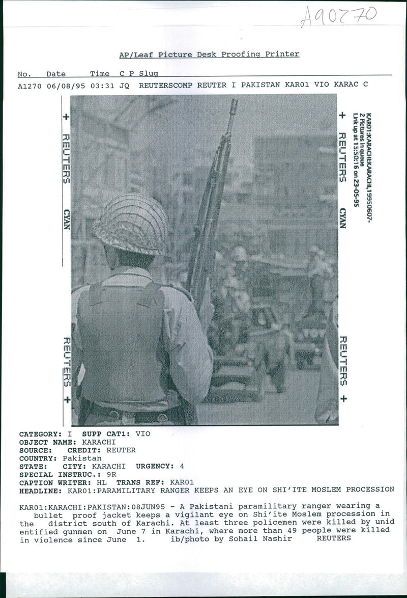 A pakistani paramilitary ranger wearing a bullet proof jacket. - Vintage Photograph