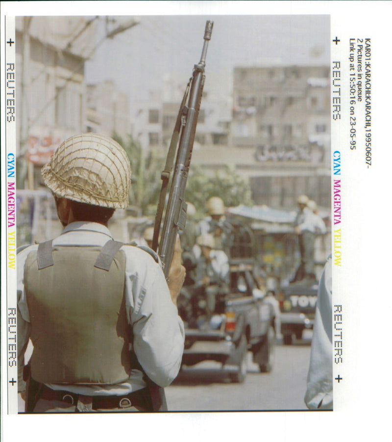 A pakistani paramilitary ranger wearing a bullet proof jacket. - Vintage Photograph