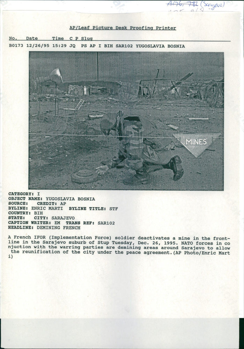 Soldier deactivates a mine in the Frontline in the Sarajevo. - Vintage Photograph