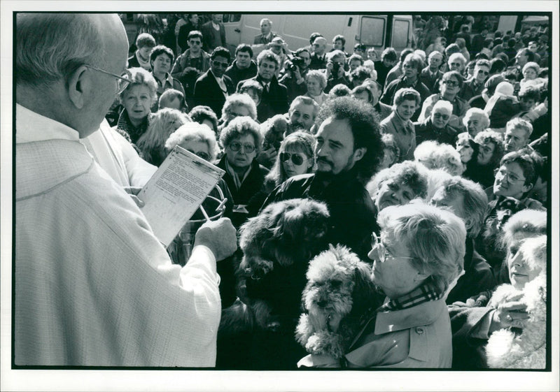 Priest blesses dogs on the festival. - Vintage Photograph