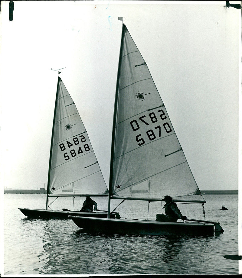 Lasers in light airs in Dunlaire Harbour. - Vintage Photograph