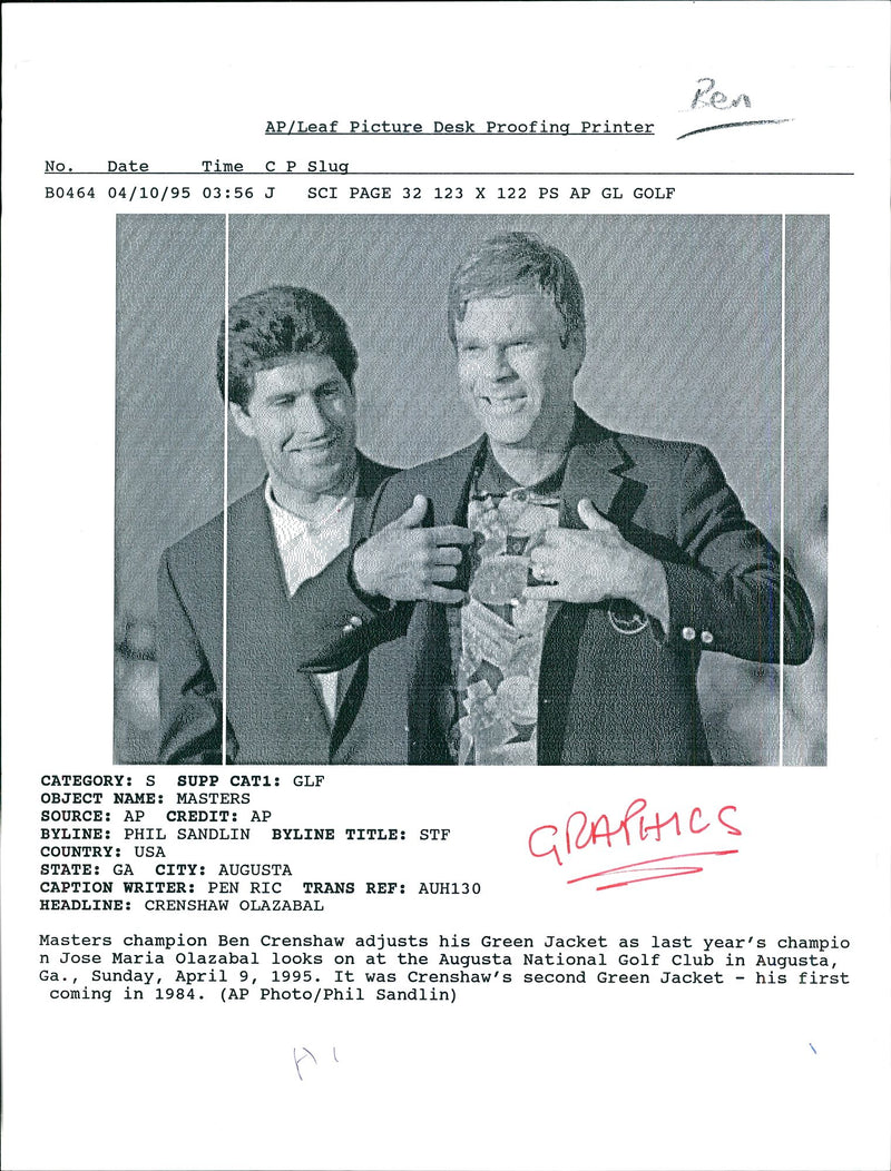Ben Crenshaw with Jose Maria Olazabal. - Vintage Photograph