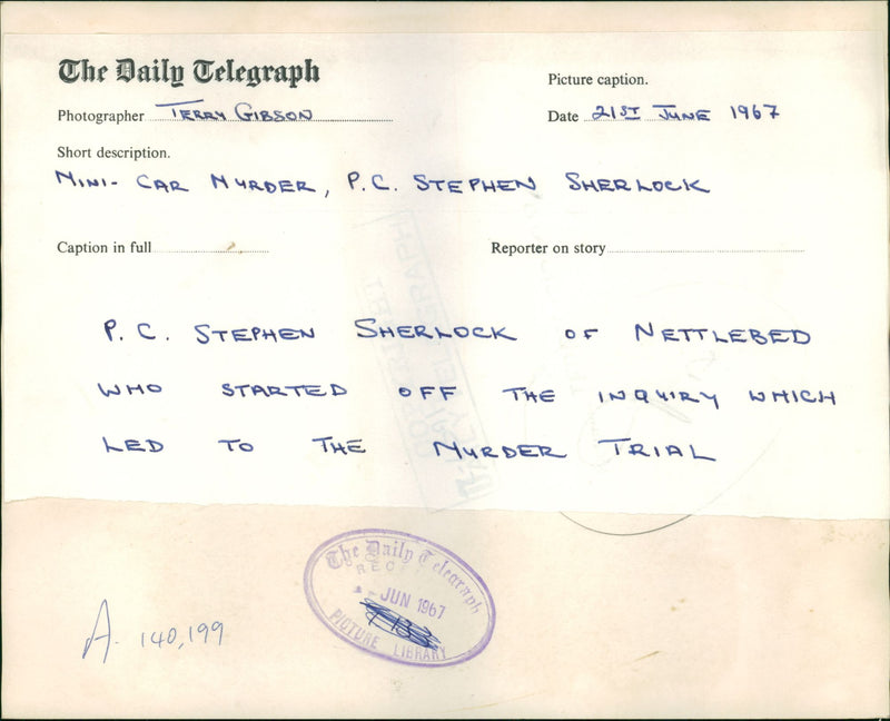 PC Stephen Sherlock who started off the inquiry which led to the Murder trial, June 1967. - Vintage Photograph