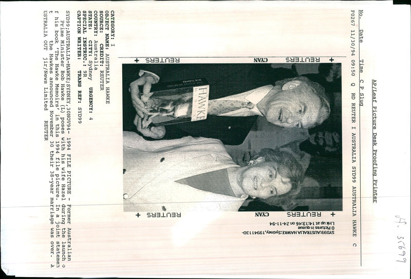 Former Australian Premier Bob Hawke with his ex-wife Hazel launching his book - Vintage Photograph