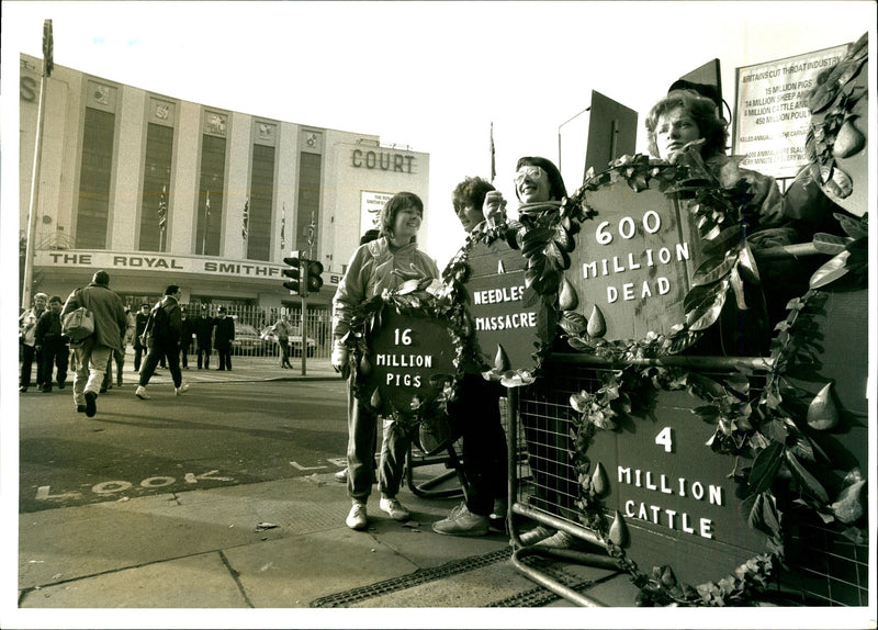 Animal rights campaigners picket Earls Court. - Vintage Photograph