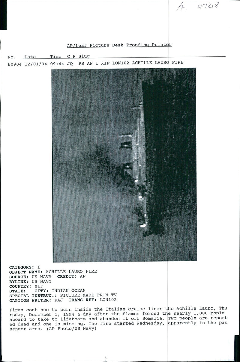 Fires continue to burn inside the Italian Ship Achille Lauro. - Vintage Photograph