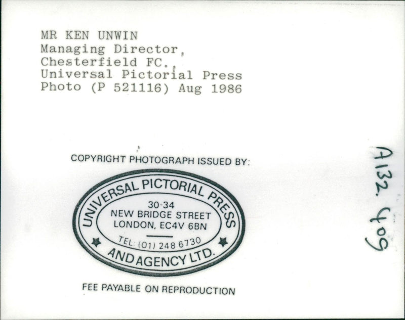 Mr Ken Unwin Managing Director Chesterfield FC. - Vintage Photograph