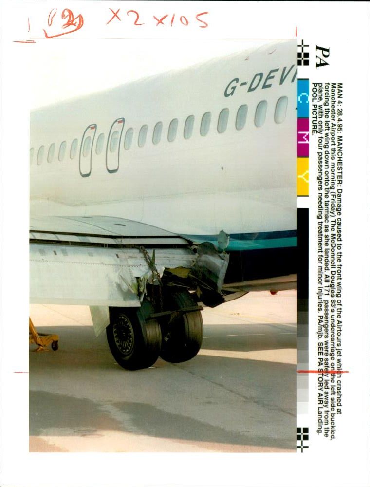 The damaged wing of the airtours jet. - Vintage Photograph