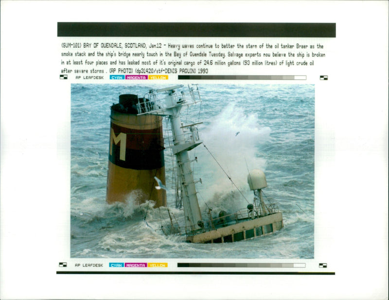 Heavy waves continue to batter the starn of the oil tanker. - Vintage Photograph