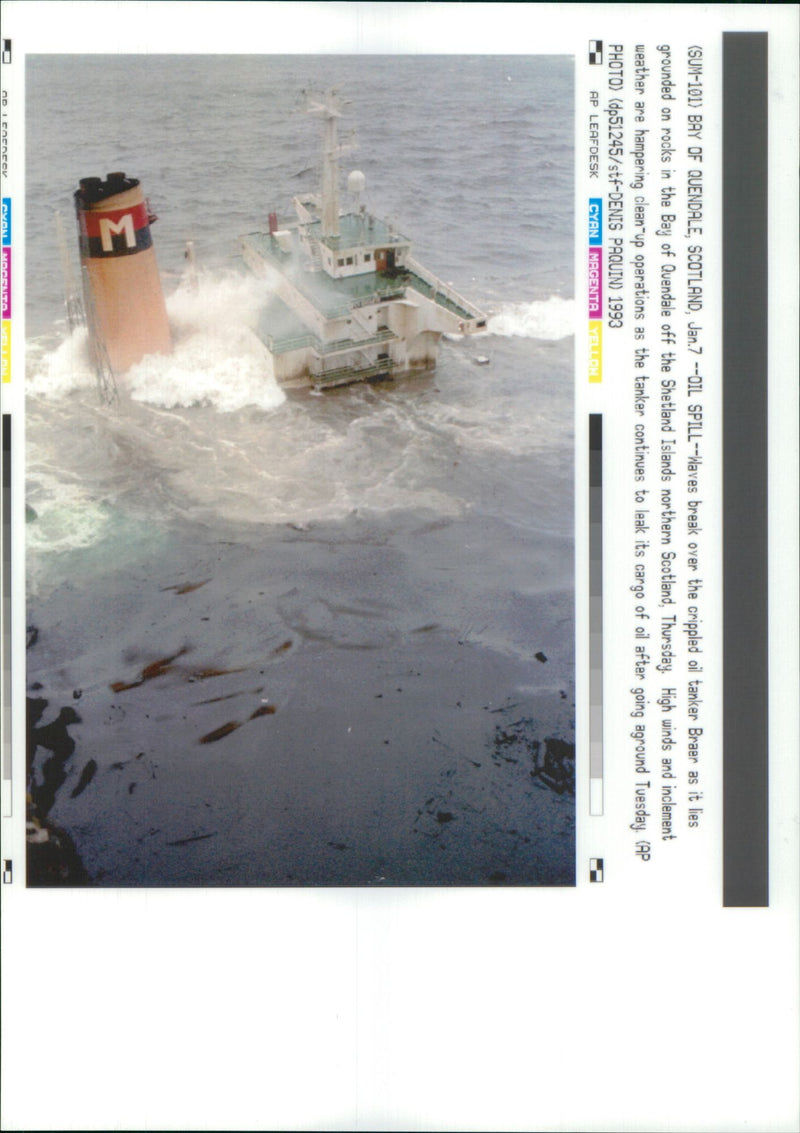 Waves break over crippled oil tanker braer. - Vintage Photograph