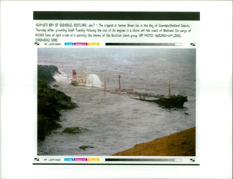 The crippled oil tanker braer lies in the bay. - Vintage Photograph