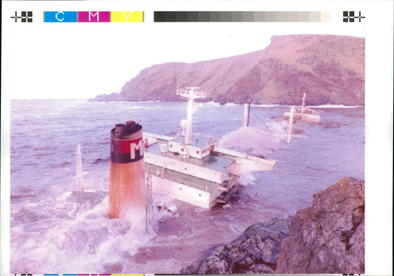 The wrecked tanker on the rocks at shetland. - Vintage Photograph