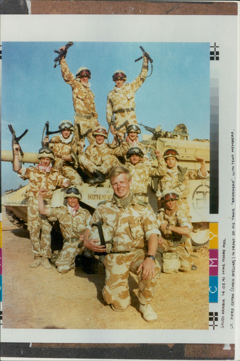 Lt. Piers Geman in front of his tank with team members. - Vintage Photograph