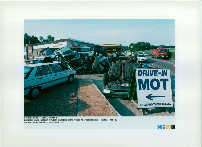 Wrecked cars aftera tanker crashed into them. - Vintage Photograph