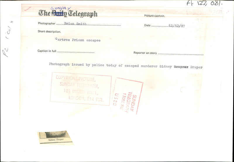 Gatree Prison Escape, Issued by police today of escaped murderer Sidney Draper. - Vintage Photograph