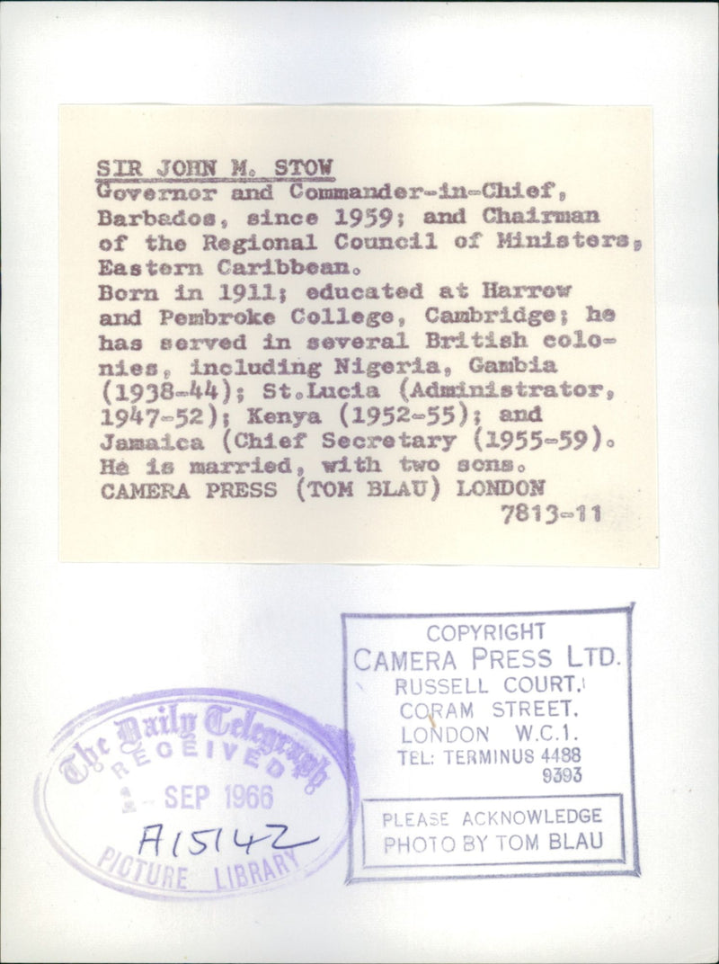 Sir John Stow Governor the Commander in Chief. - Vintage Photograph