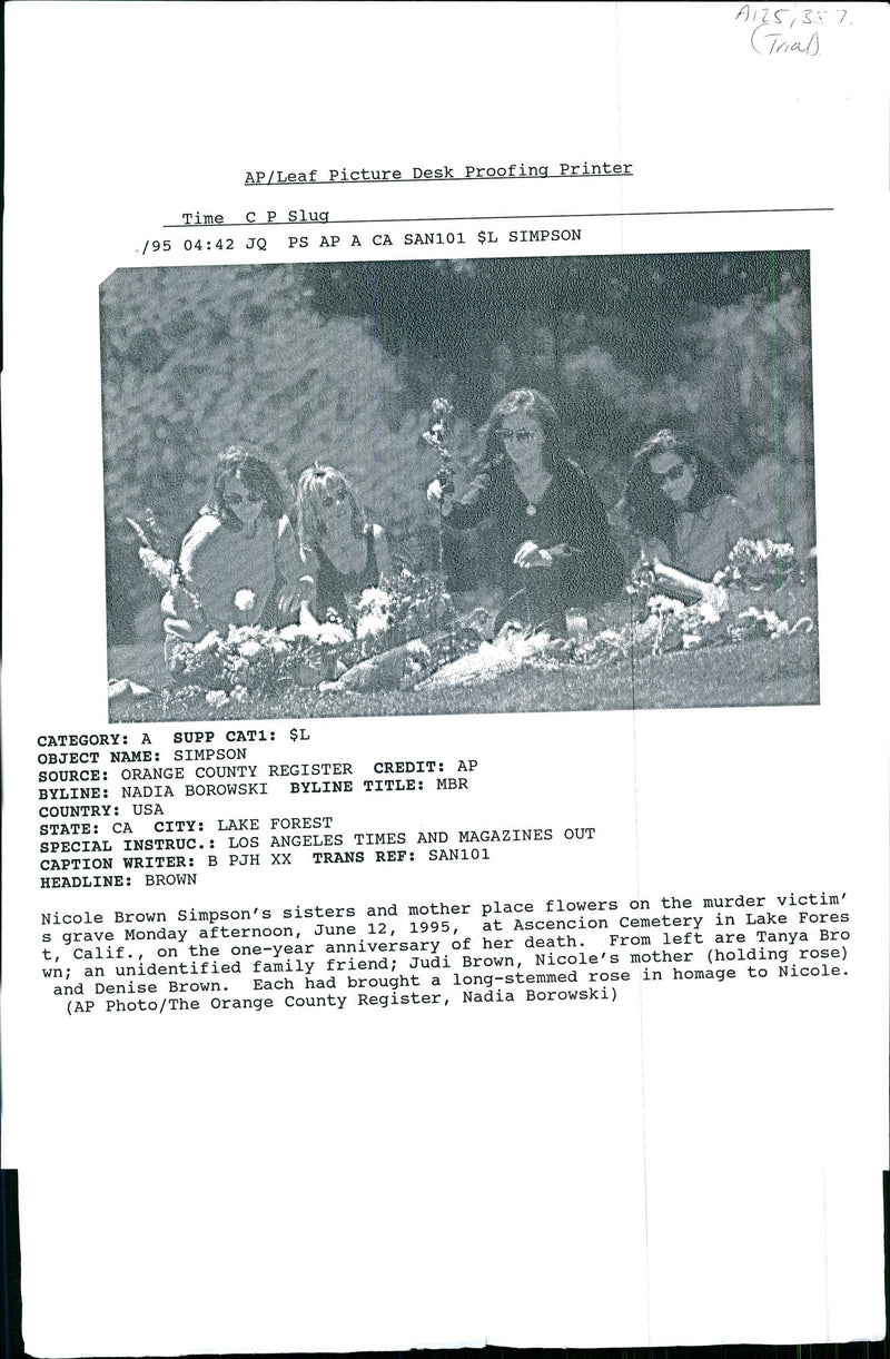 Nicole Brown Simpson's sister and mother place flowers on the murder victim's. - Vintage Photograph