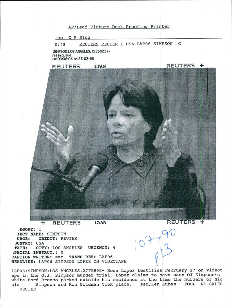 Rosa Lopez testifies on Videotape in the O.J Simpson murder trial. - Vintage Photograph